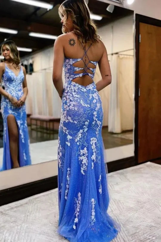 Cross-strap embellished V-neck spaghetti straps applique slit mermaid ball gown