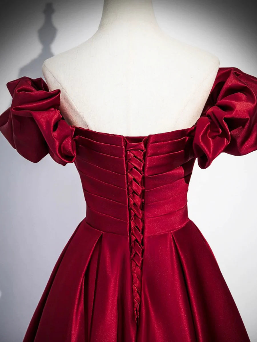 Custom A-Line Burgundy Satin Pleated Floor Length Prom Dress Off the Shoulder Evening Party Dress
