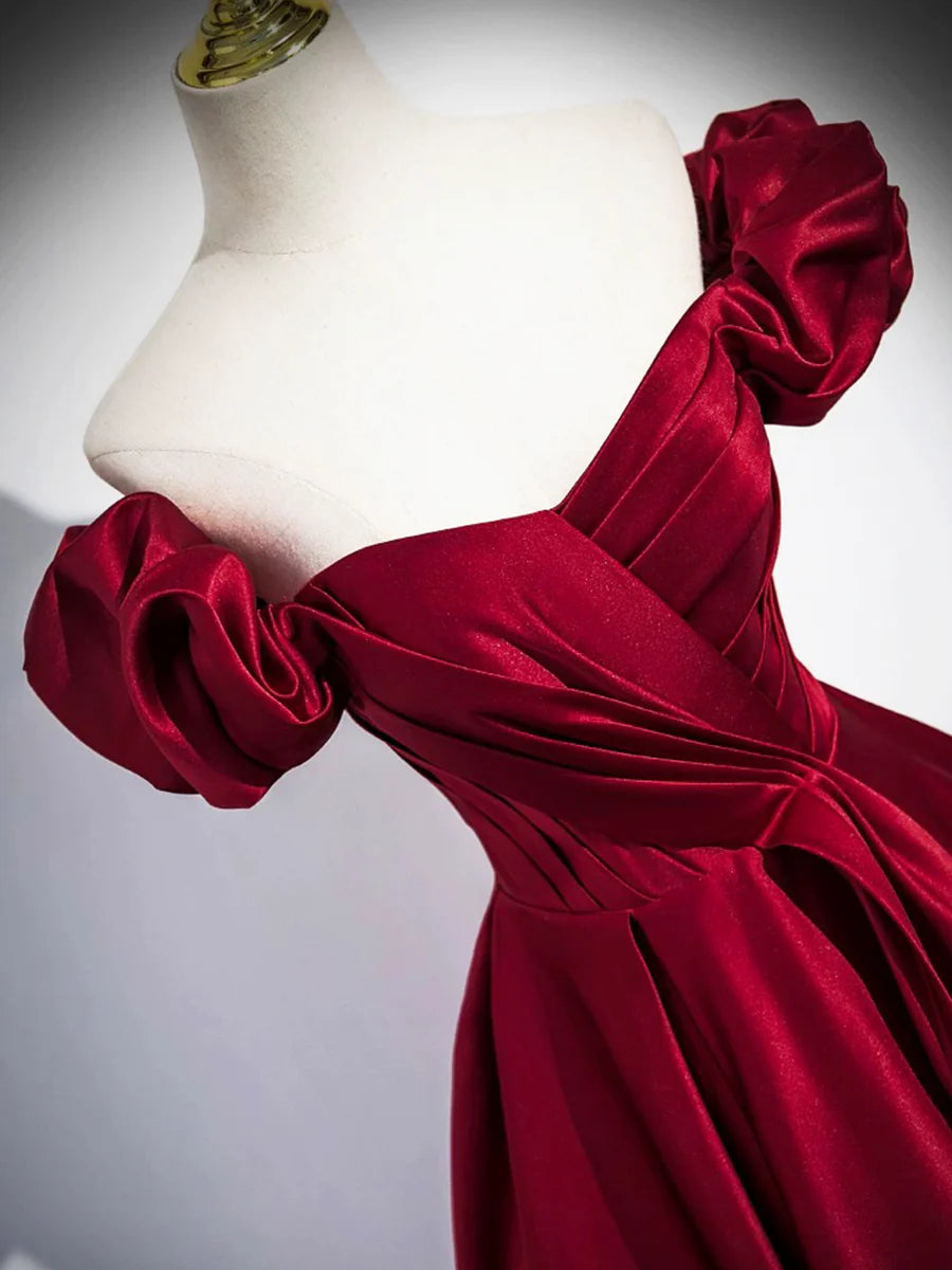 Custom A-Line Burgundy Satin Pleated Floor Length Prom Dress Off the Shoulder Evening Party Dress