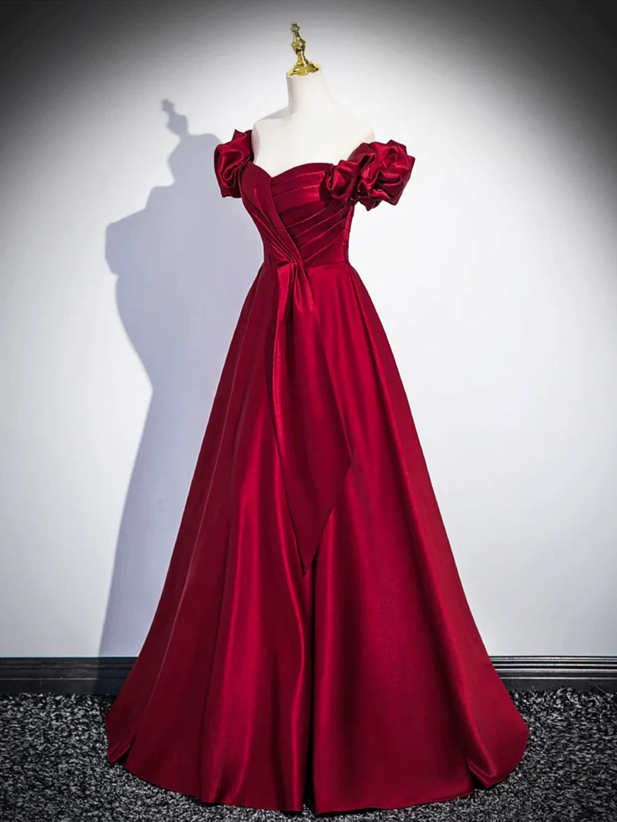Custom A-Line Burgundy Satin Pleated Floor Length Prom Dress Off the Shoulder Evening Party Dress