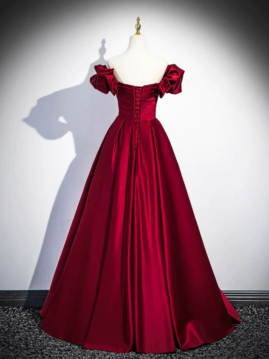 Custom A-Line Burgundy Satin Pleated Floor Length Prom Dress Off the Shoulder Evening Party Dress