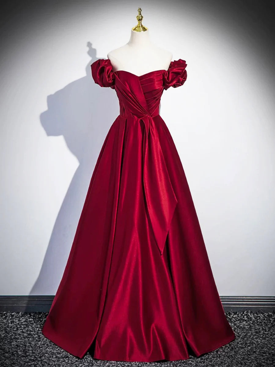 Custom A-Line Burgundy Satin Pleated Floor Length Prom Dress Off the Shoulder Evening Party Dress