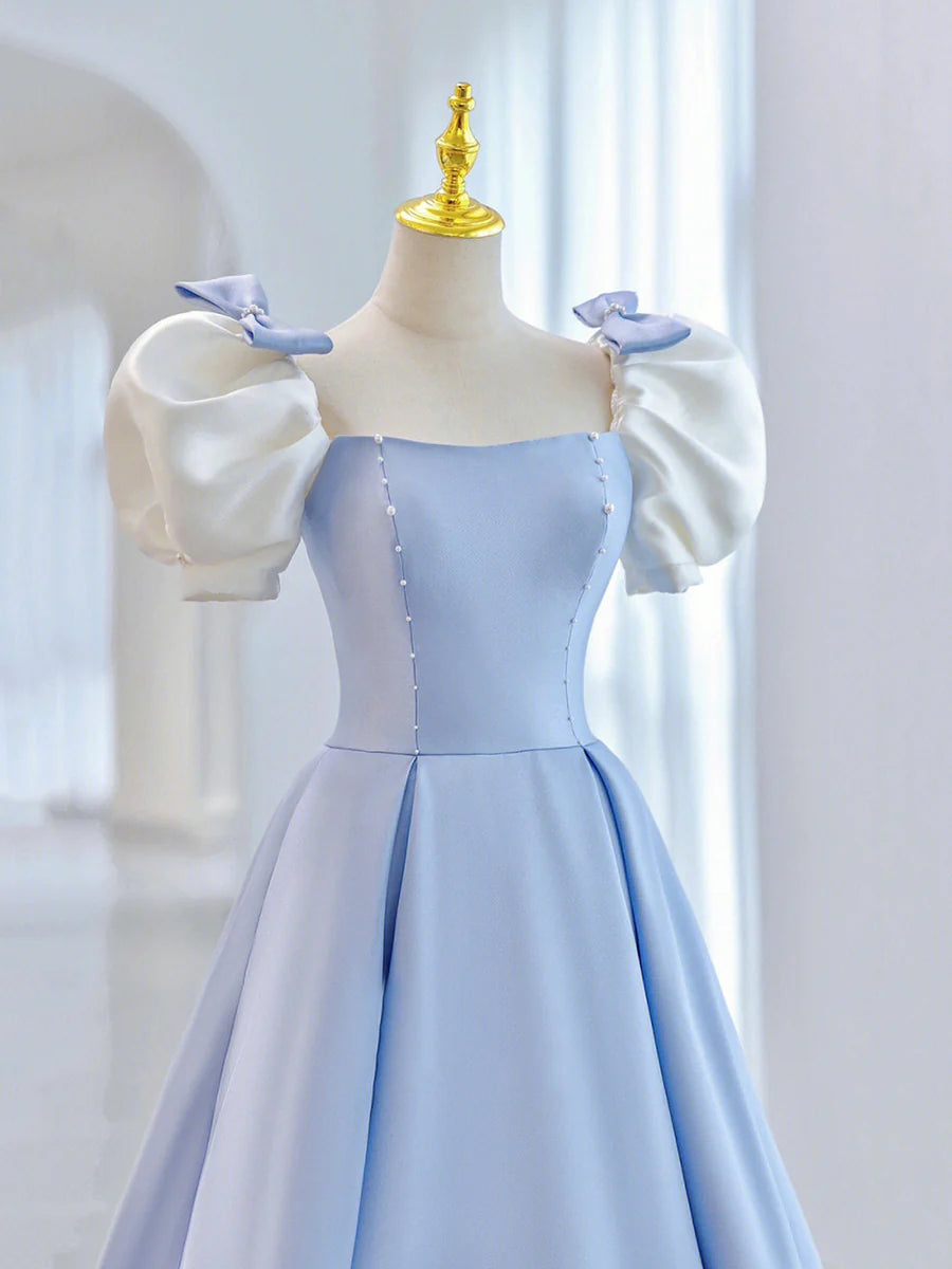 Cute A-Line Short Sleeve Beaded Bow Satin Blue Junior Prom Dress With Short Train