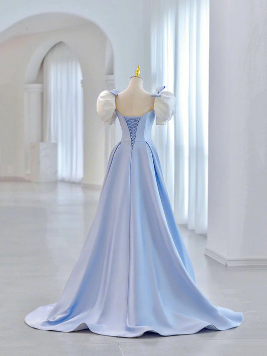 Cute A-Line Short Sleeve Beaded Bow Satin Blue Junior Prom Dress With Short Train
