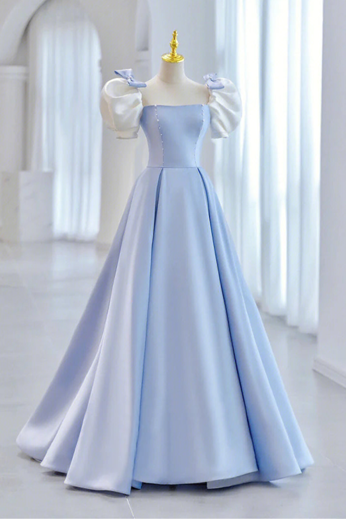 Cute A-Line Short Sleeve Beaded Bow Satin Blue Junior Prom Dress With Short Train