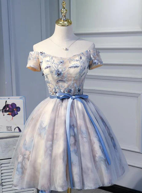 Cute A-line Tulle with Floral Lace Short Homecoming Dress Graduation Dress Prom Dress