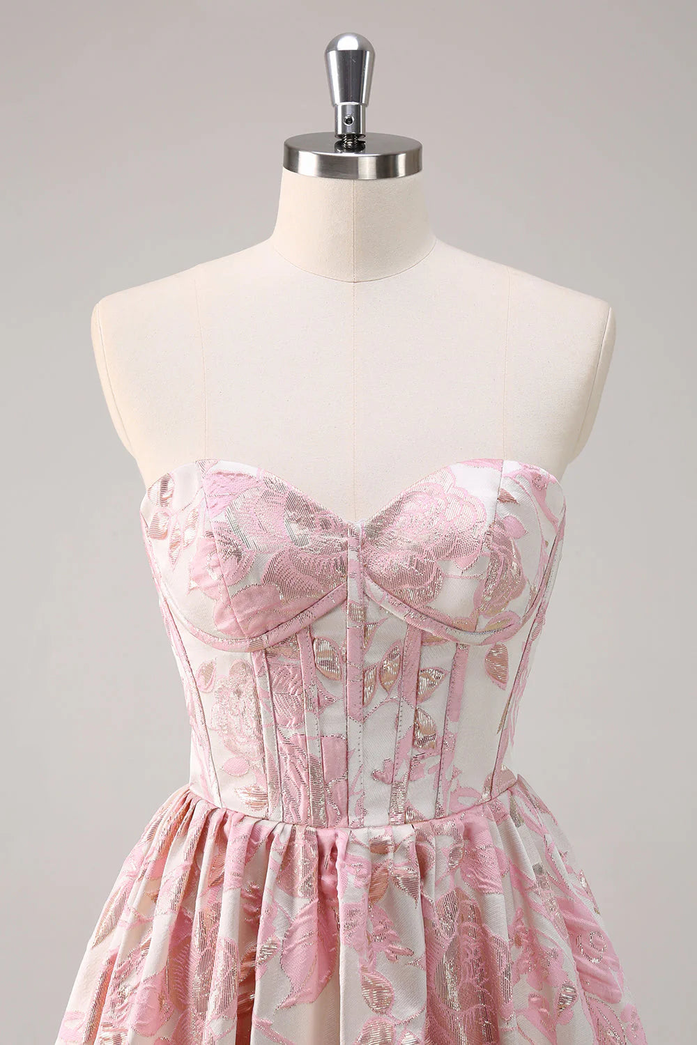 Cute Blue Brocade Floral A-Line Strapless Sweetheart Neck Corset Long Prom Dress