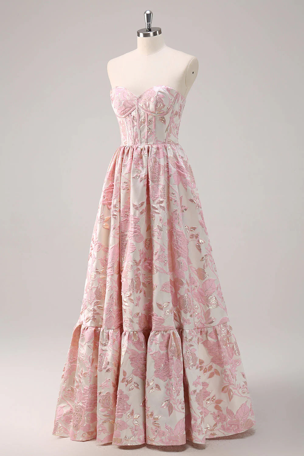 Cute Blue Brocade Floral A-Line Strapless Sweetheart Neck Corset Long Prom Dress