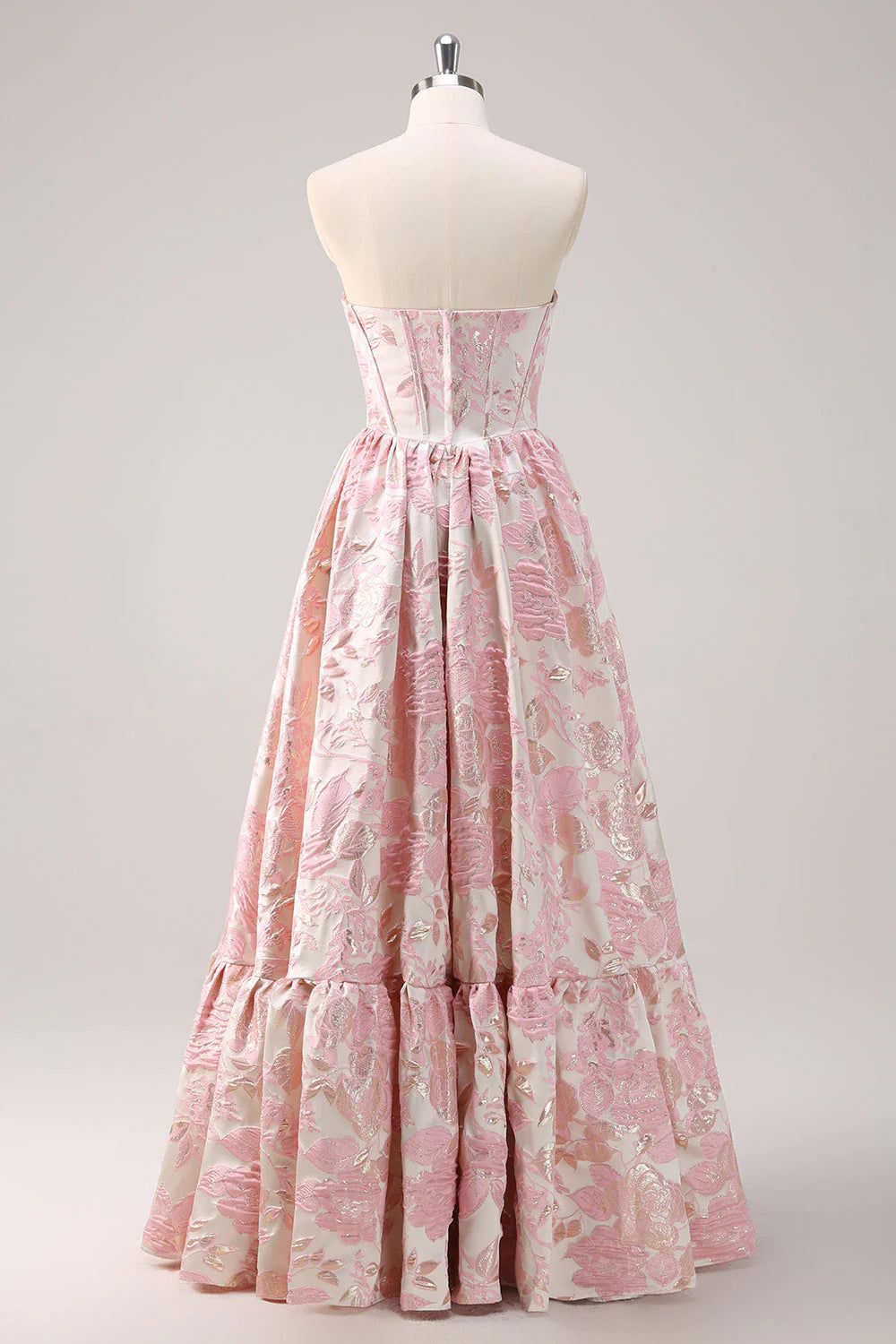 Cute Blue Brocade Floral A-Line Strapless Sweetheart Neck Corset Long Prom Dress