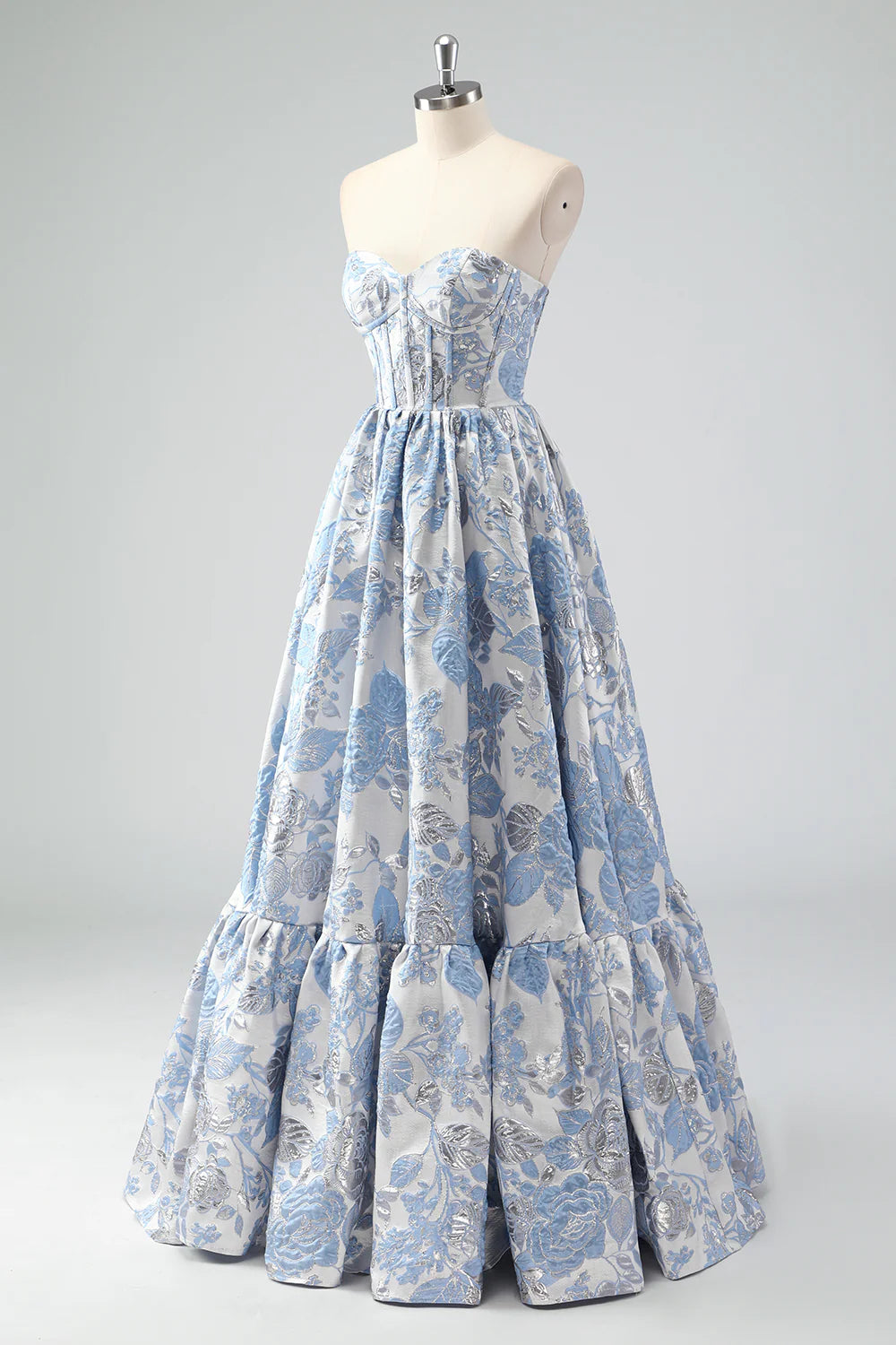 Cute Blue Brocade Floral A-Line Strapless Sweetheart Neck Corset Long Prom Dress