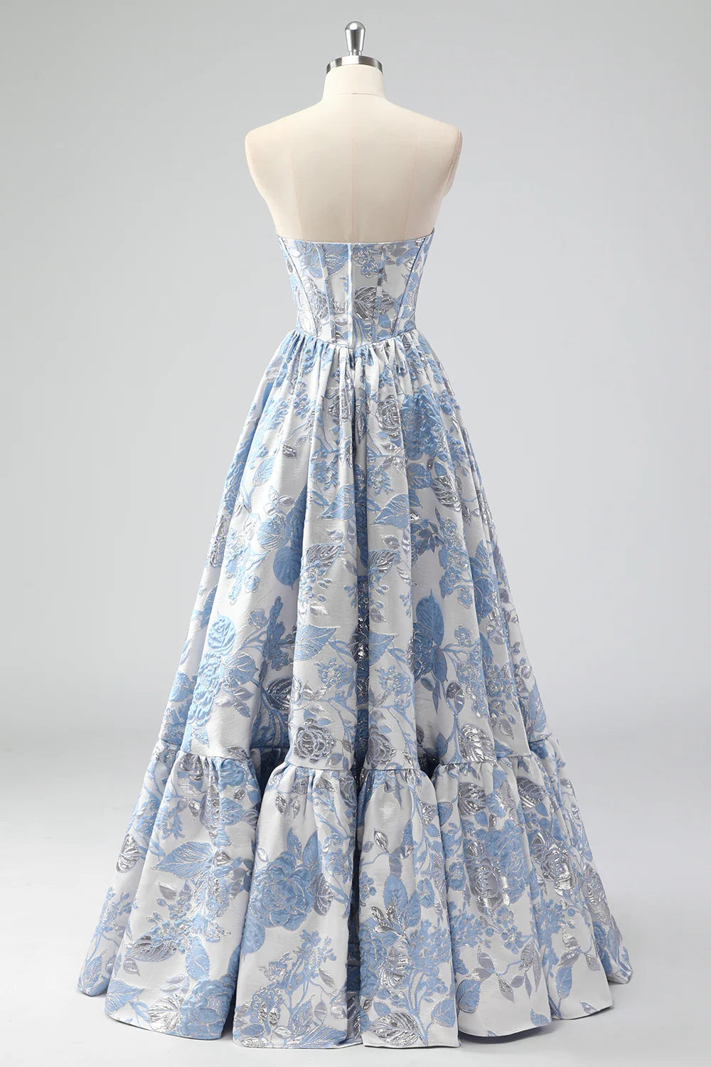 Cute Blue Brocade Floral A-Line Strapless Sweetheart Neck Corset Long Prom Dress