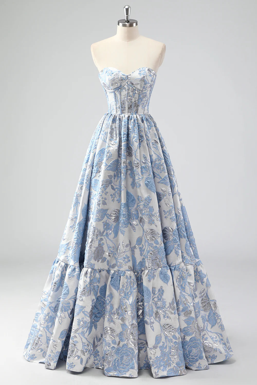 Cute Blue Brocade Floral A-Line Strapless Sweetheart Neck Corset Long Prom Dress