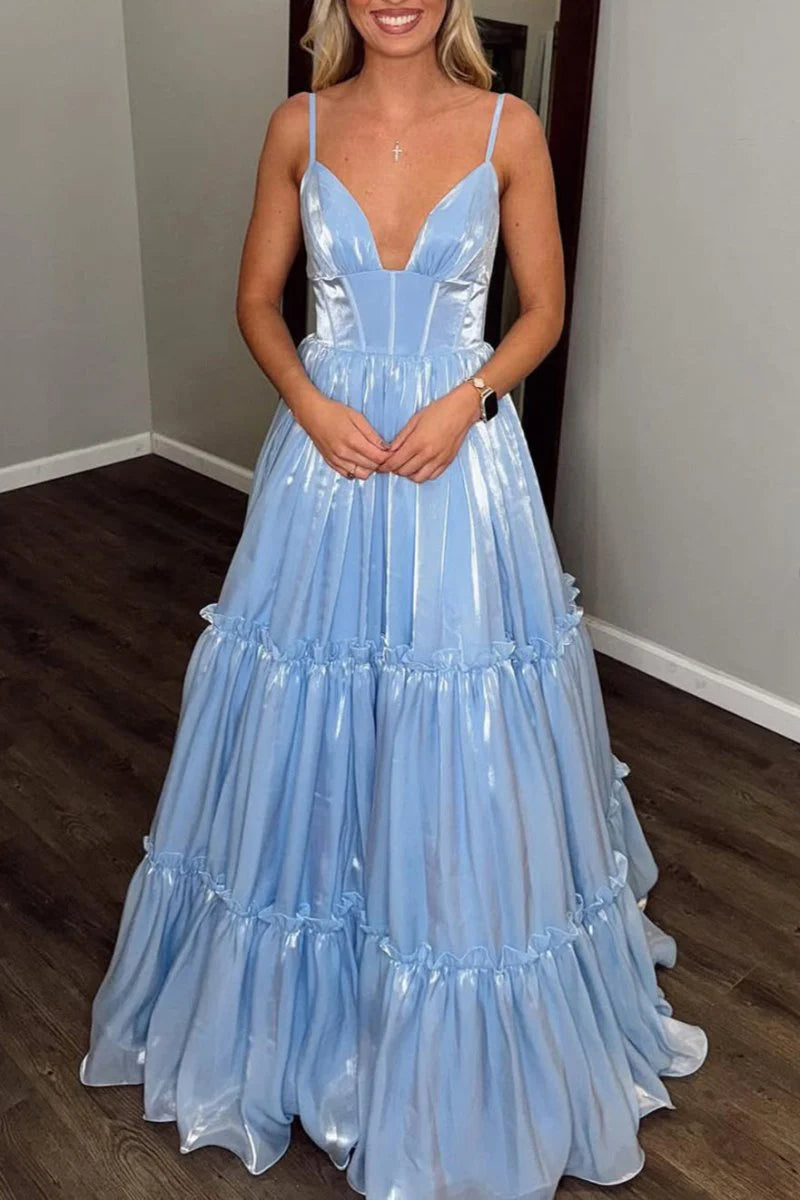 Cute Blue Glitter Organza Satin Spaghetti Straps A Line V Neck Light Prom Dress Evening Dress