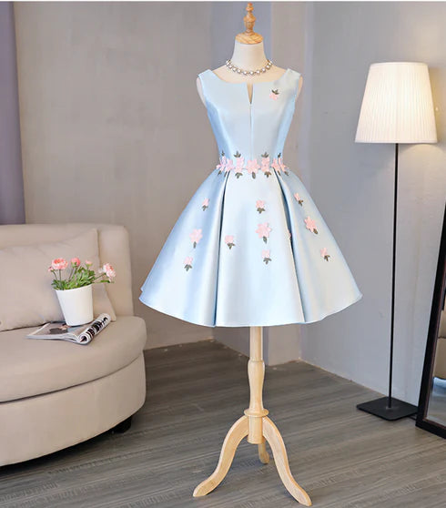 Cute Blue Satin with Flowers V Neck Short Homecoming Dress Party Dress Prom Dress