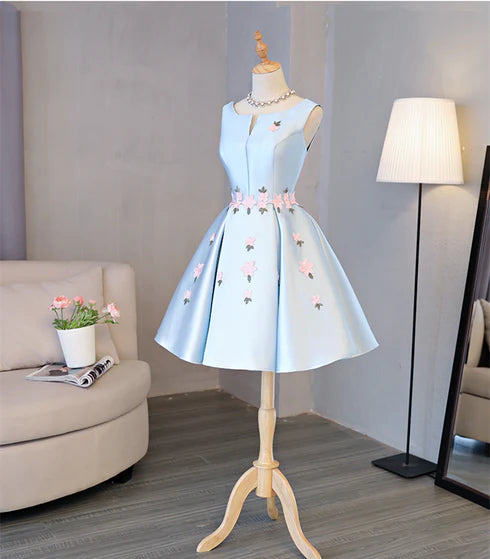 Cute Blue Satin with Flowers V Neck Short Homecoming Dress Party Dress Prom Dress