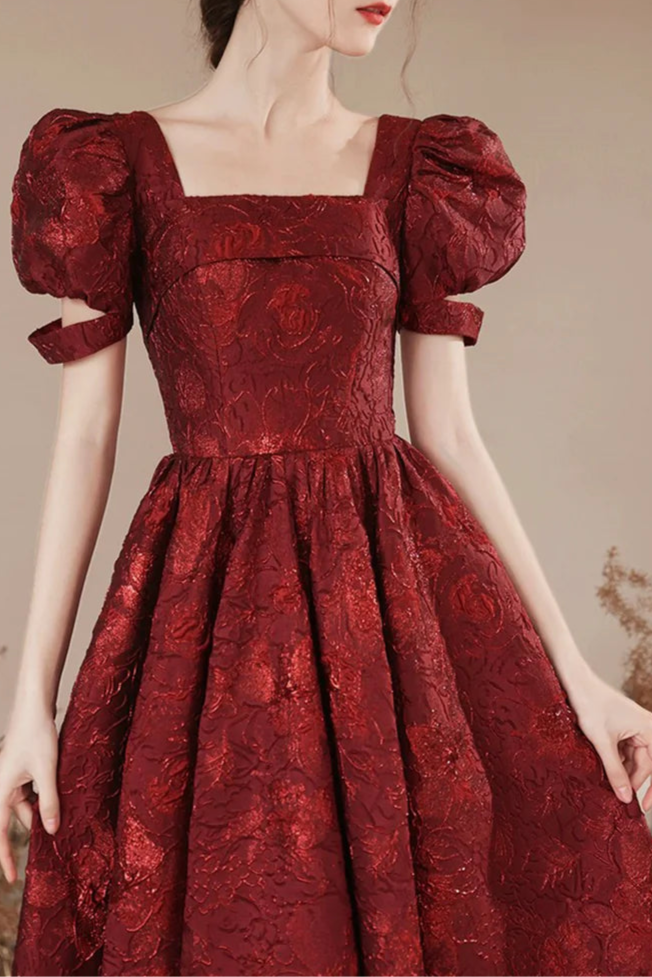 Cute Burgundy Brocade A-Line Square Neck Short Sleeve Tea Length Party Dress Homecoming Dress
