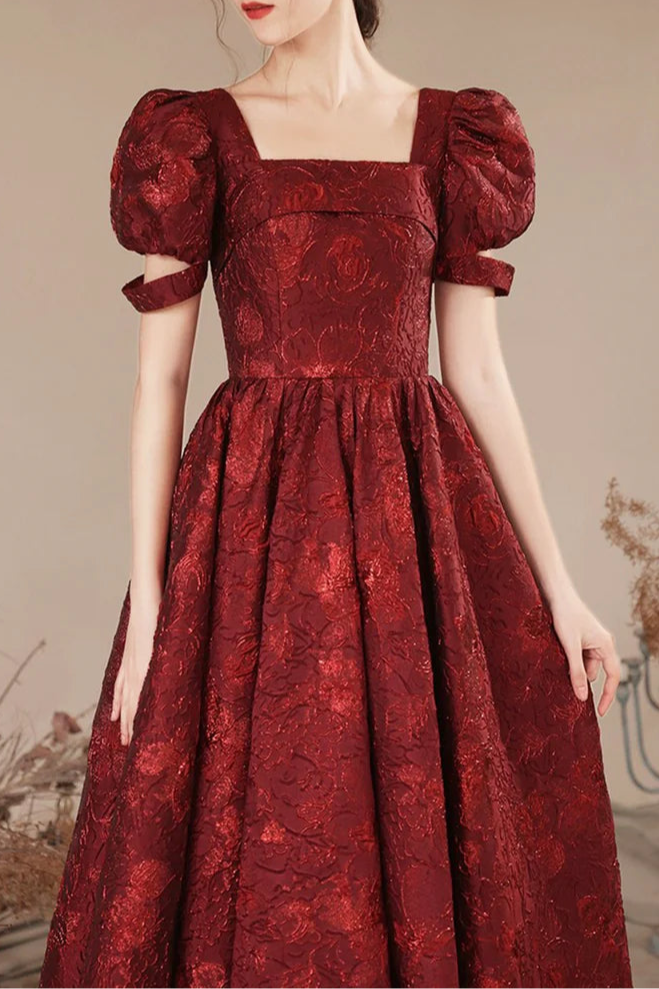 Cute Burgundy Brocade A-Line Square Neck Short Sleeve Tea Length Party Dress Homecoming Dress