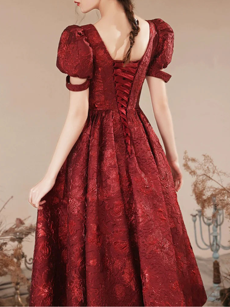Cute Burgundy Brocade A-Line Square Neck Short Sleeve Tea Length Party Dress Homecoming Dress