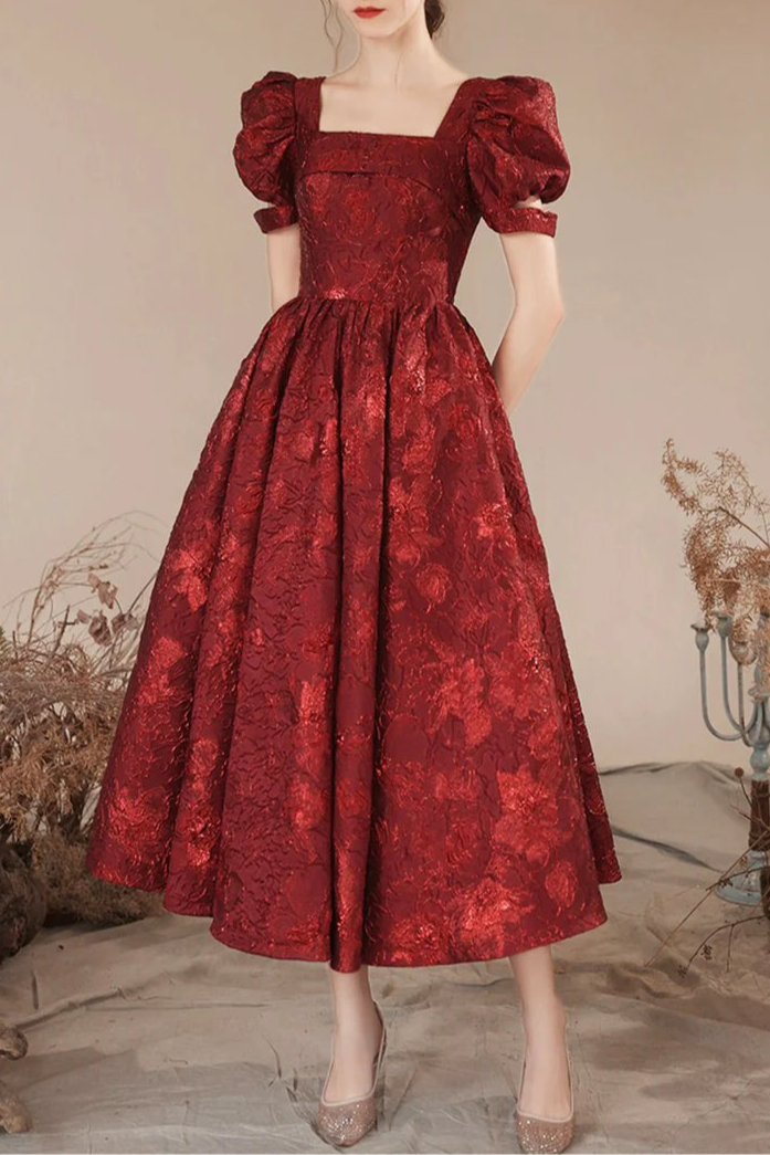Cute Burgundy Brocade A-Line Square Neck Short Sleeve Tea Length Party Dress Homecoming Dress