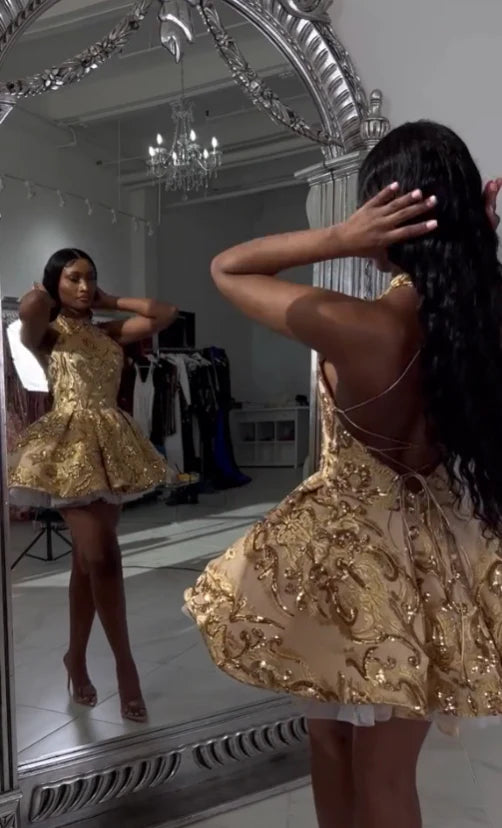Cute Gold Sequin Lace-Up Back A-line Halter Short Gold Homecoming Dress Gold Evening Dress