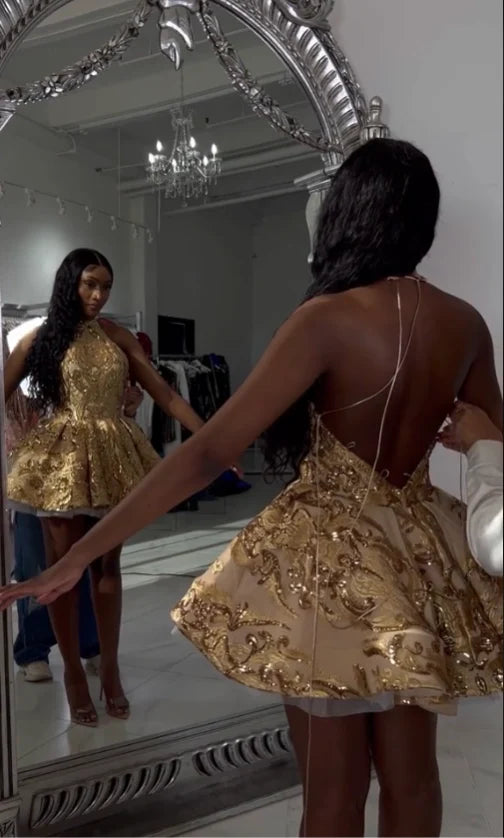Cute Gold Sequin Lace-Up Back A-line Halter Short Gold Homecoming Dress Gold Evening Dress