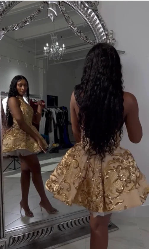 Cute Gold Sequin Lace-Up Back A-line Halter Short Gold Homecoming Dress Gold Evening Dress