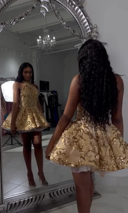 Cute Gold Sequin Lace-Up Back A-line Halter Short Gold Homecoming Dress Gold Evening Dress