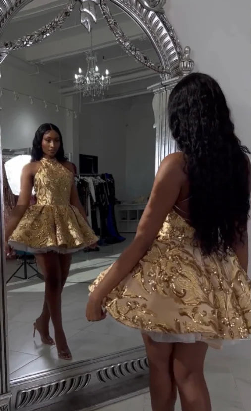 Cute Gold Sequin Lace-Up Back A-line Halter Short Gold Homecoming Dress Gold Evening Dress