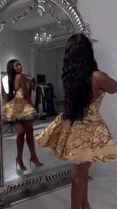 Cute Gold Sequin Lace-Up Back A-line Halter Short Gold Homecoming Dress Gold Evening Dress