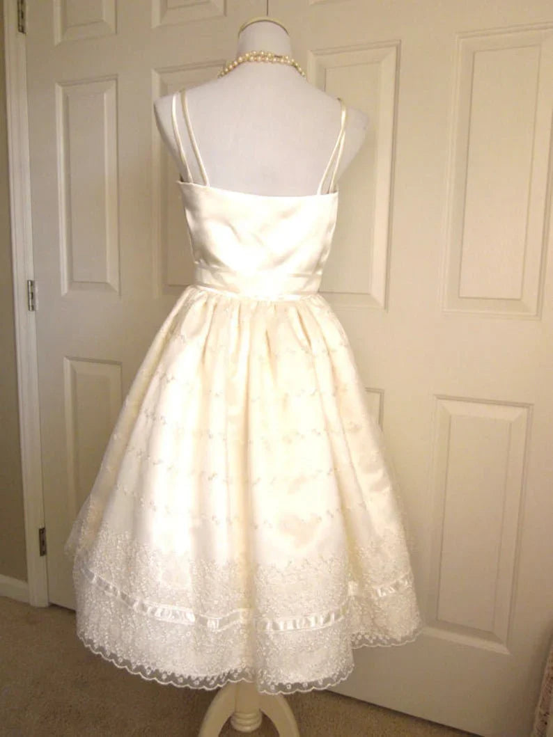Cute Ivory Satin Lace Strappy Trim A-line Lace Up Birthday Dress Homecoming Dress