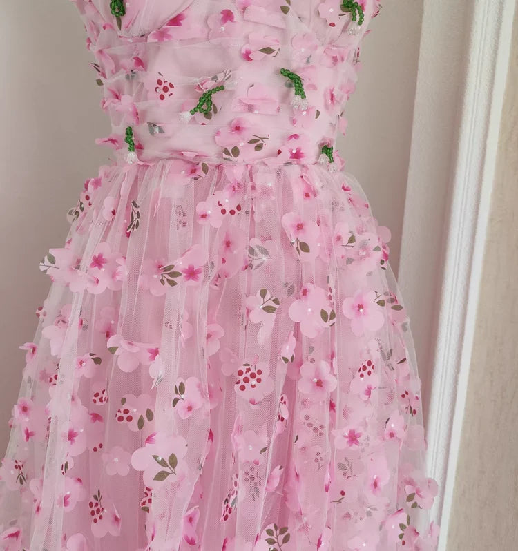 Cute Pink Floral Tulle Lace Sequins With Applique A Line Straps Prom Dresses Birthday Outfits