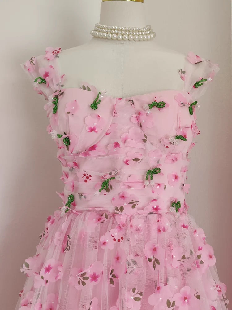 Cute Pink Floral Tulle Lace Sequins With Applique A Line Straps Prom Dresses Birthday Outfits