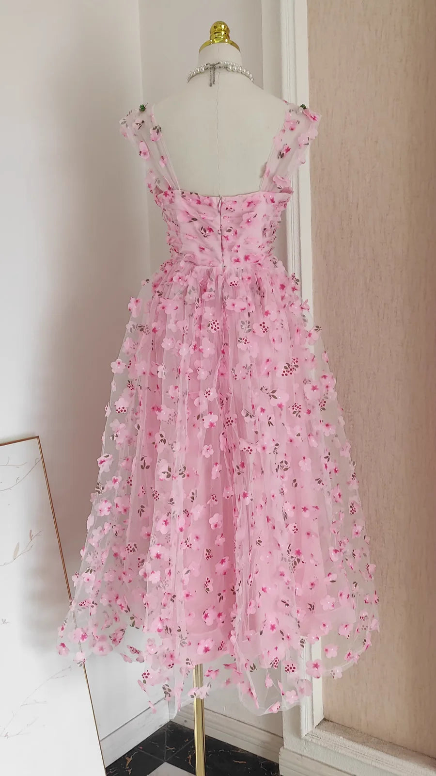 Cute Pink Floral Tulle Lace Sequins With Applique A Line Straps Prom Dresses Birthday Outfits