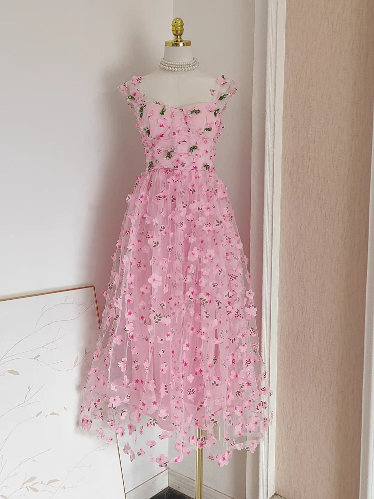 Cute Pink Floral Tulle Lace Sequins With Applique A Line Straps Prom Dresses Birthday Outfits