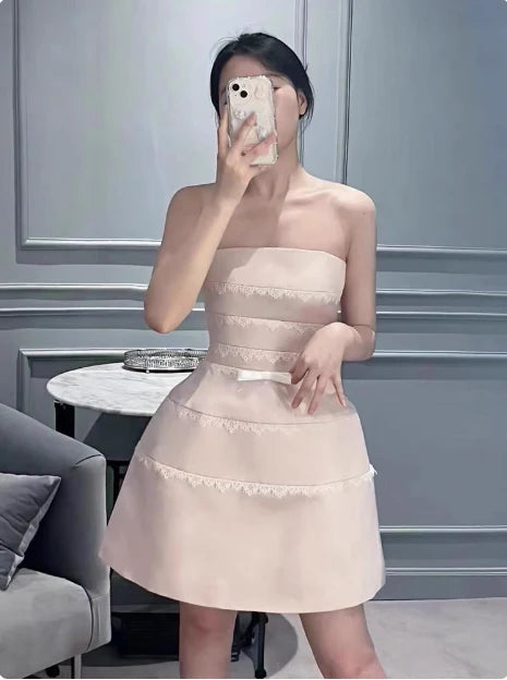 Cute Pink Satin Lace Spaghetti Straps 17th Birthday Homecoming Dress Pink Evening Dress