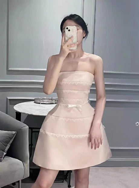 Cute Pink Satin Lace Spaghetti Straps 17th Birthday Homecoming Dress Pink Evening Dress