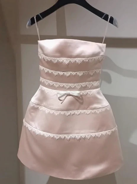 Cute Pink Satin Lace Spaghetti Straps 17th Birthday Homecoming Dress Pink Evening Dress