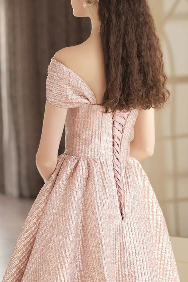 Cute Pink Satin Pleated Tea Length Homecoming Dress Off the Shoulder A-Line Party Dress