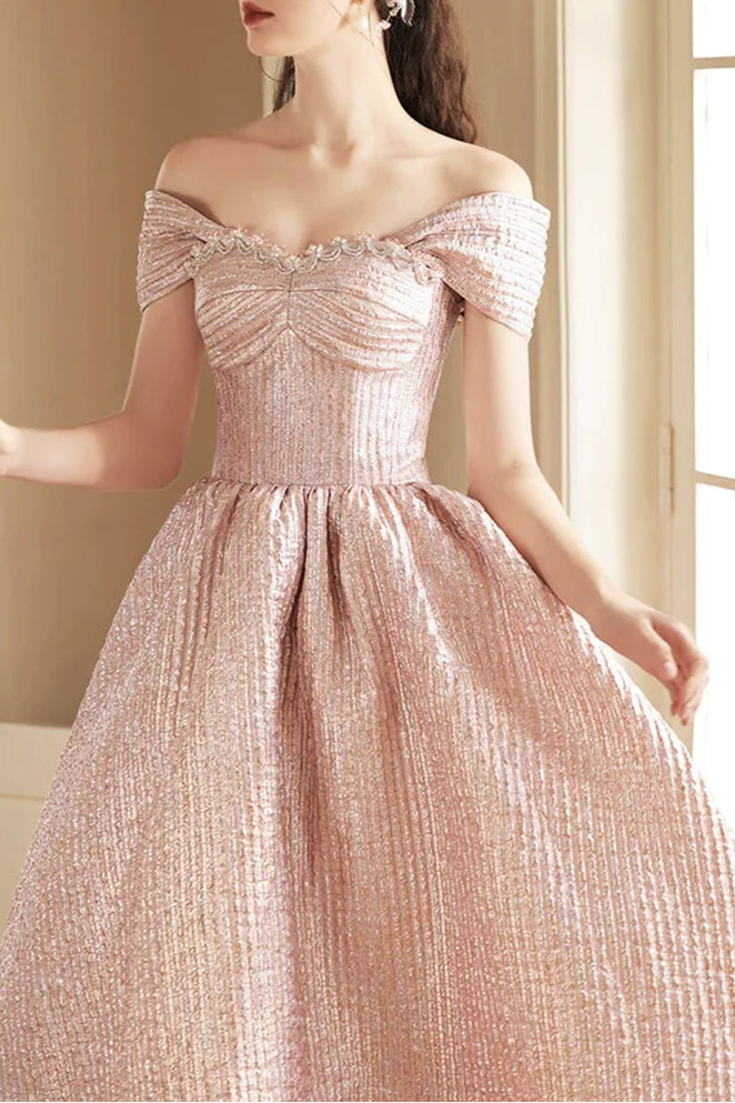 Cute Pink Satin Pleated Tea Length Homecoming Dress Off the Shoulder A-Line Party Dress