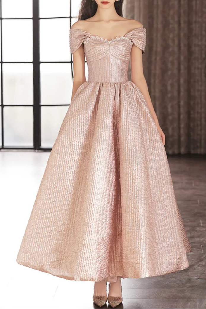 Cute Pink Satin Pleated Tea Length Homecoming Dress Off the Shoulder A-Line Party Dress