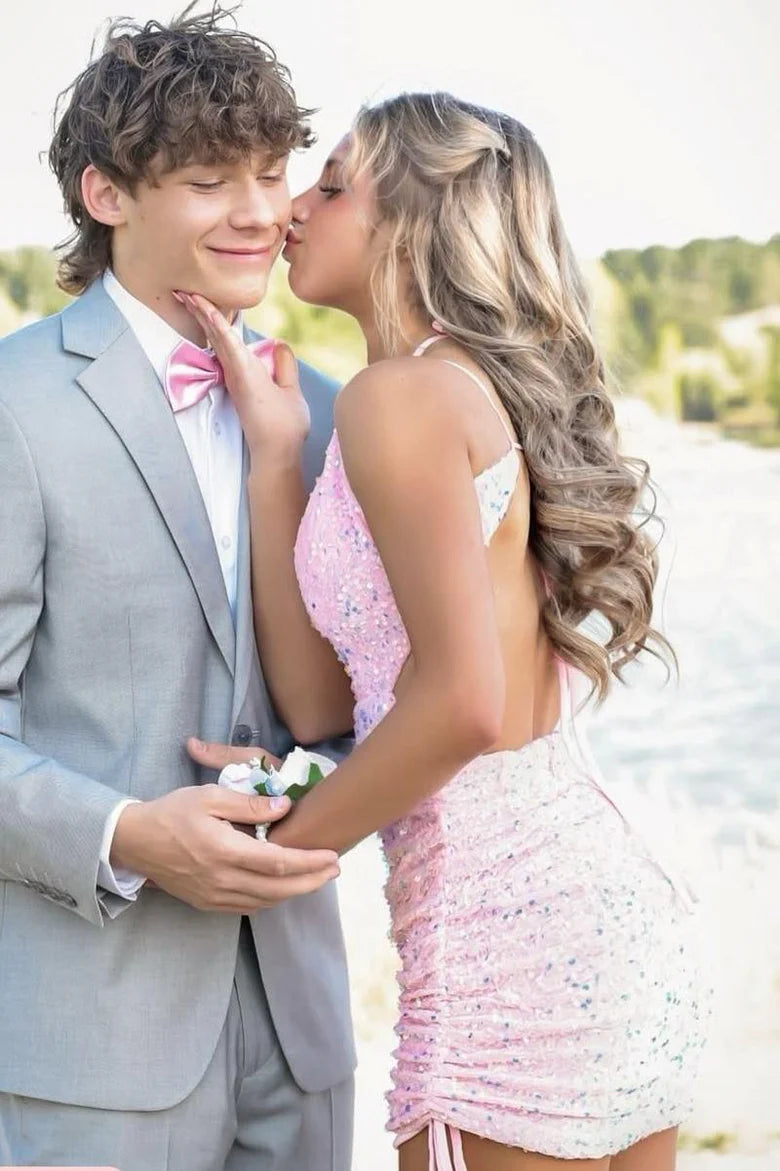 Cute Pink Satin Sequins Spaghetti Straps V-Neck Pleats Backless Mini Homecoming Dress