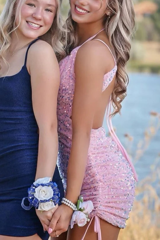 Cute Pink Satin Sequins Spaghetti Straps V-Neck Pleats Backless Mini Homecoming Dress