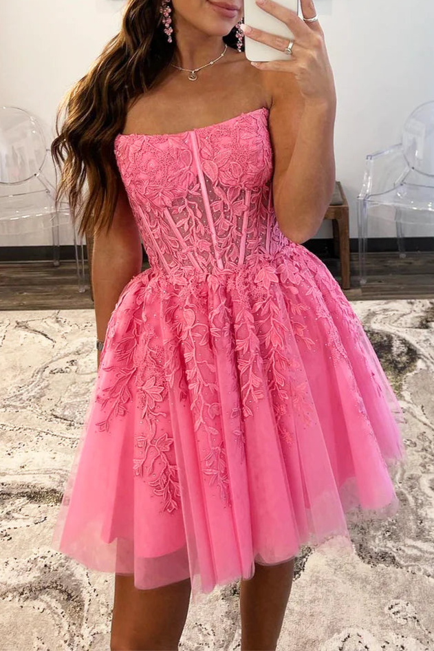 Cute Pink Tulle Lace Beaded Strapless Knee Length Prom Dress A-Line Homecoming Party Dress
