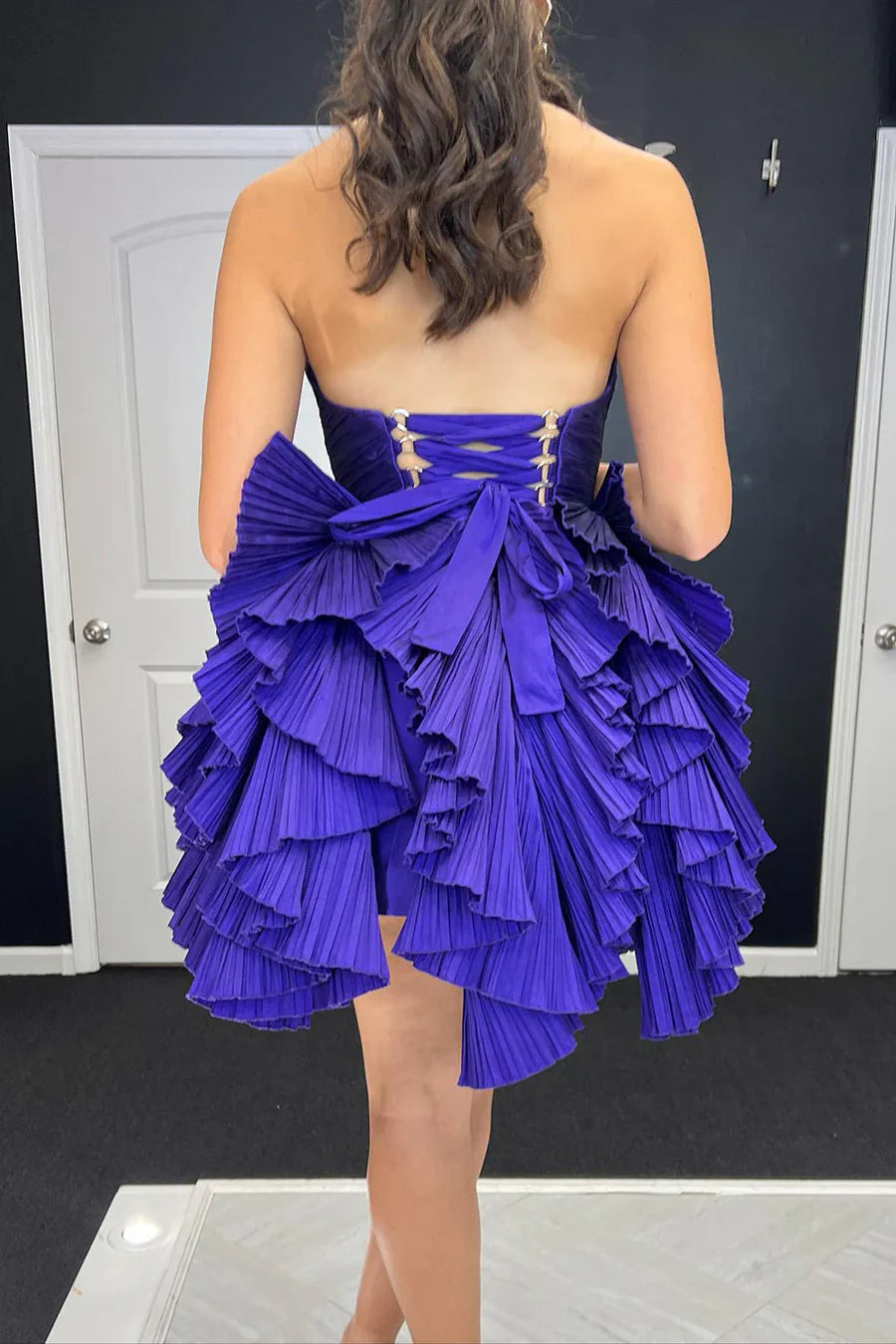 Cute Purple Satin Strapless A-Line Ruffles V-Neck Short Homecoming Dress Purple Evening Dress