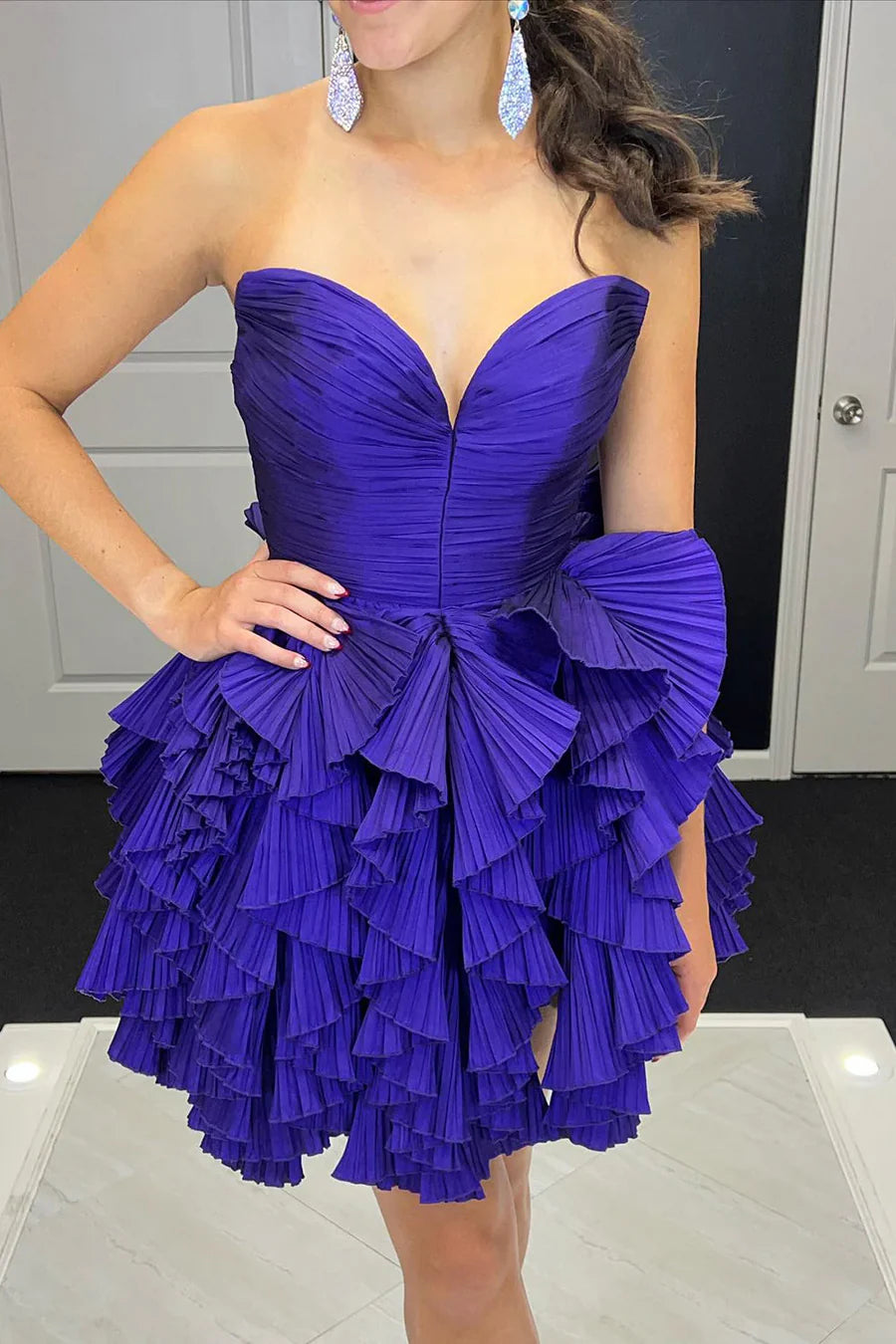 Cute Purple Satin Strapless A-Line Ruffles V-Neck Short Homecoming Dress Purple Evening Dress