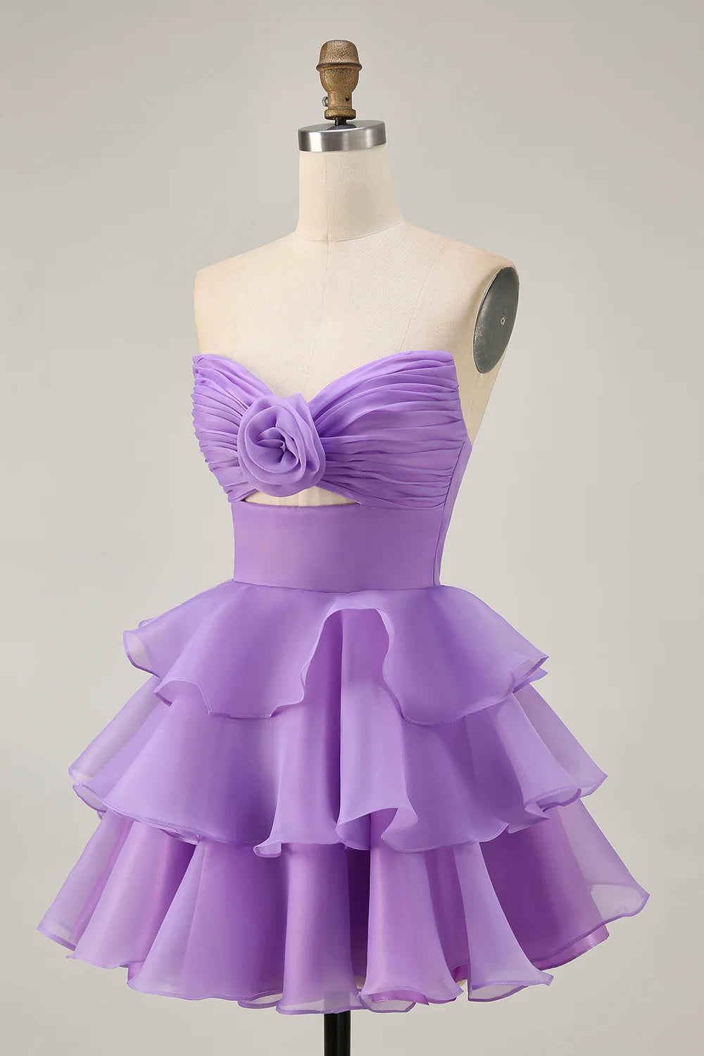 Cute Purple Sweetheart Collar A-Line Strapless Cut Out Tiered Short Homecoming Dress