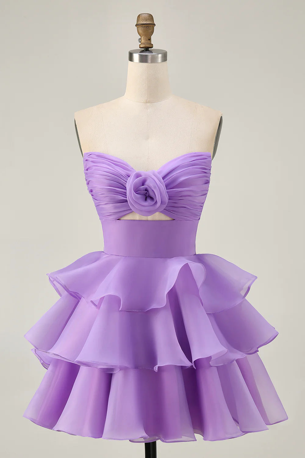 Cute Purple Sweetheart Collar A-Line Strapless Cut Out Tiered Short Homecoming Dress