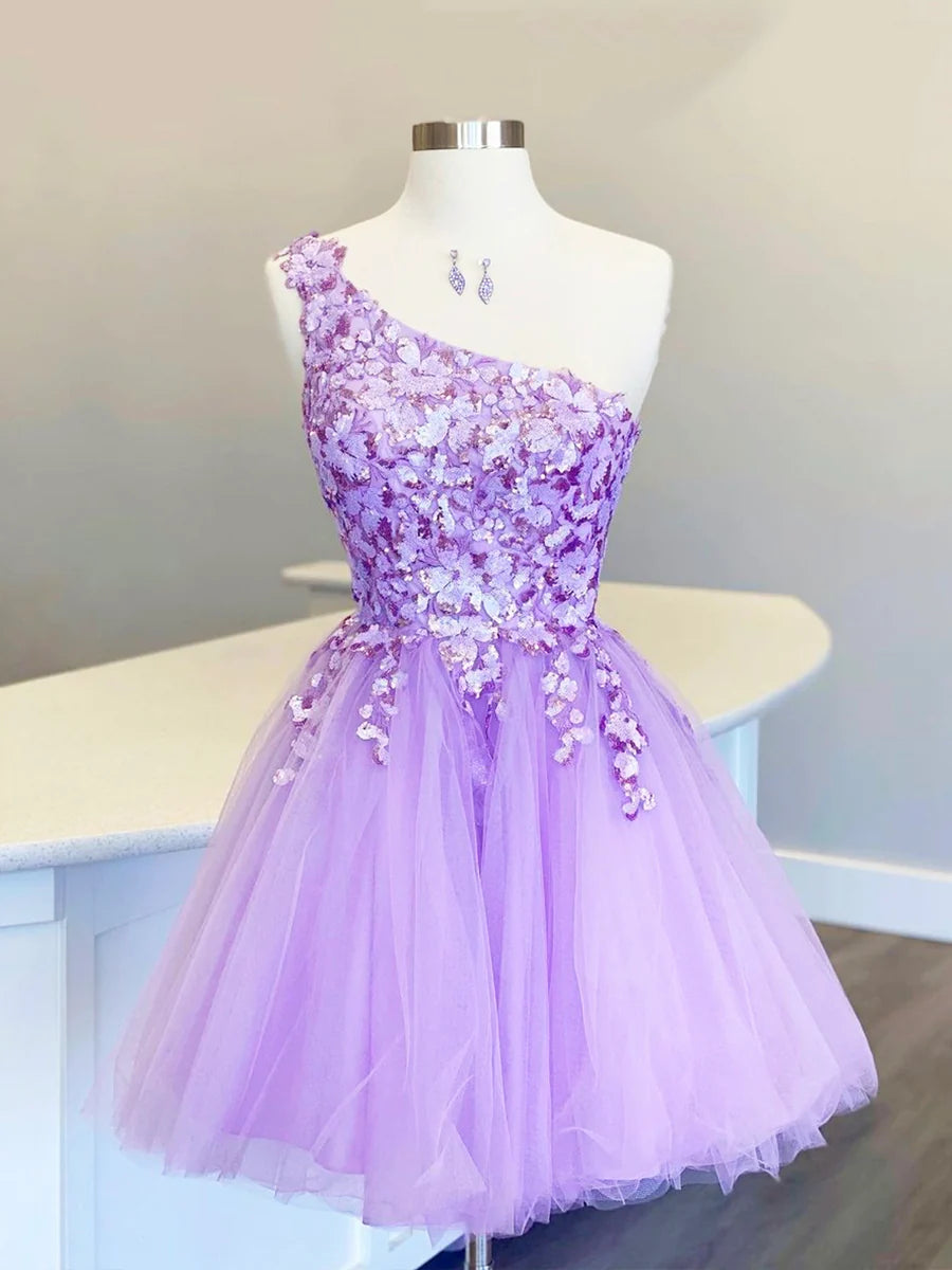 Cute Purple Tulle Flowers Sequins One Shoulder Short Prom Dress Party Dress