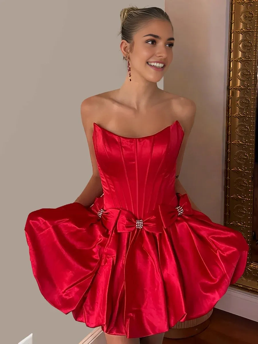Cute Red Satin Strapless A Line Lace-up Back Short Homecoming Dresses With Bow