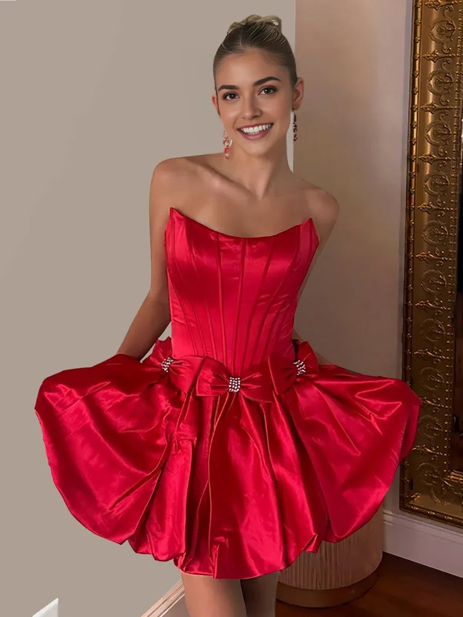 Cute Red Satin Strapless A Line Lace-up Back Short Homecoming Dresses With Bow